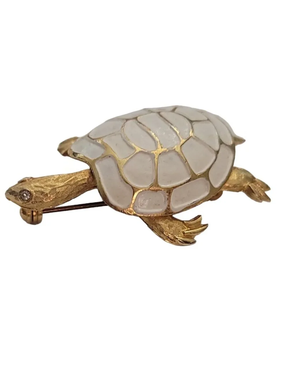 Vintage Gold Tone White Enamel Clear Rhinestone Turtle Brooch Pin E896